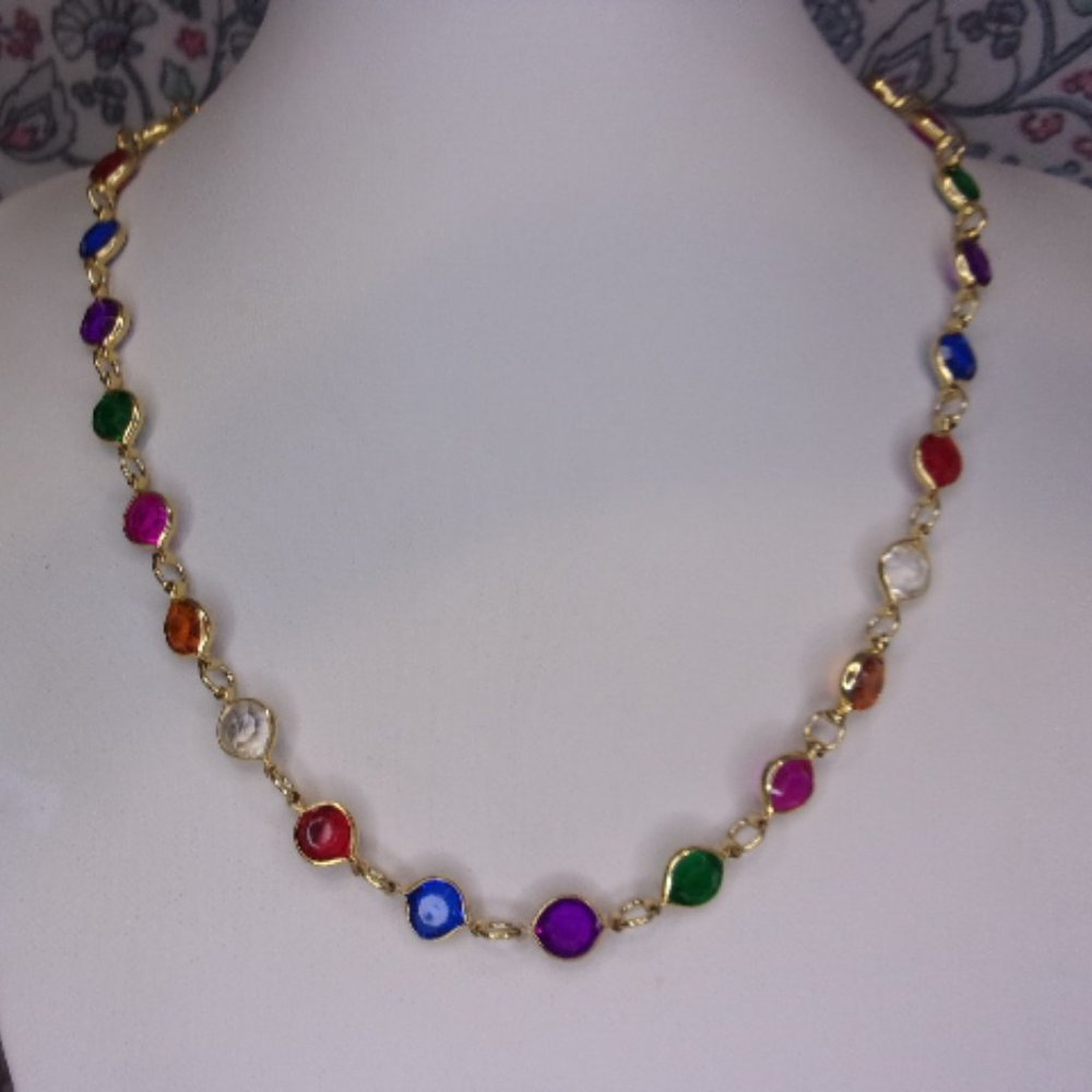 Multi Color Faceted Crystal Gold Necklace 19.5" L